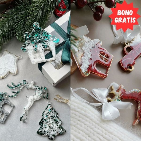 En la imagen se puede ver una división a la mitad de la misma donde se muestran figuras (adornos para árbol de navidad) hechas con resina epóxica