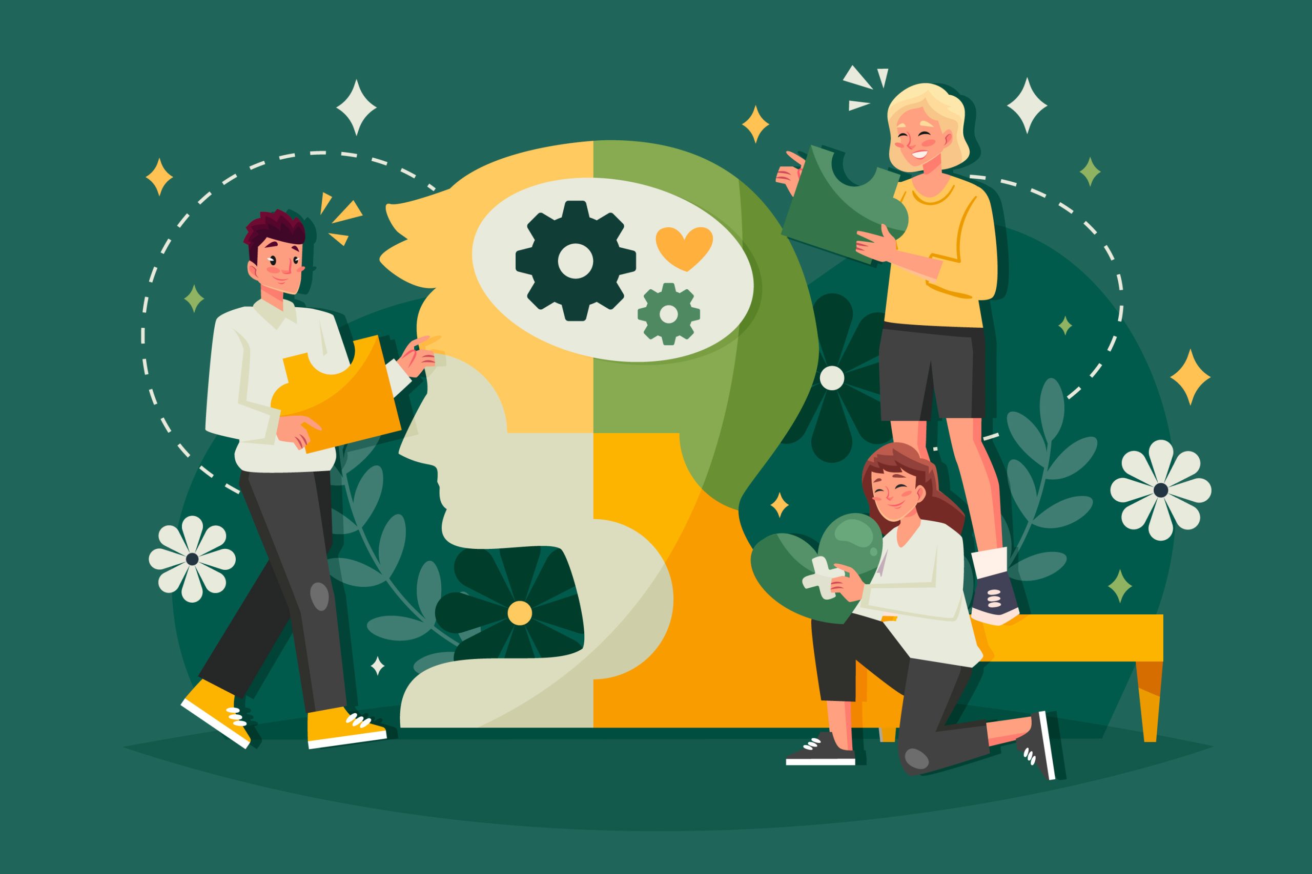 Dibujo animado de personas construyendo un cerebro con piezas de rompecabezas como símbolo de aprendizaje y crecimiento mental